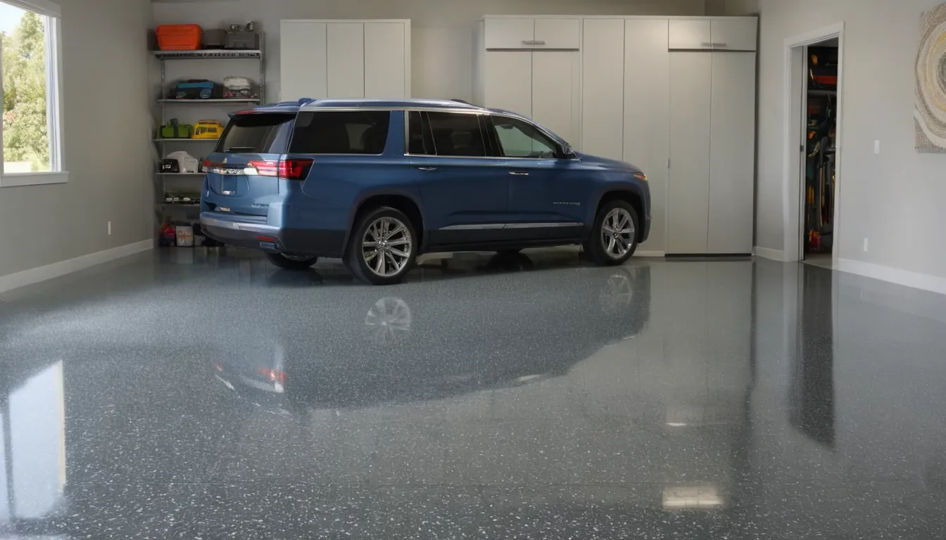 A freshly coated epoxy garage floor with a light speckled finish in a home near Manassas